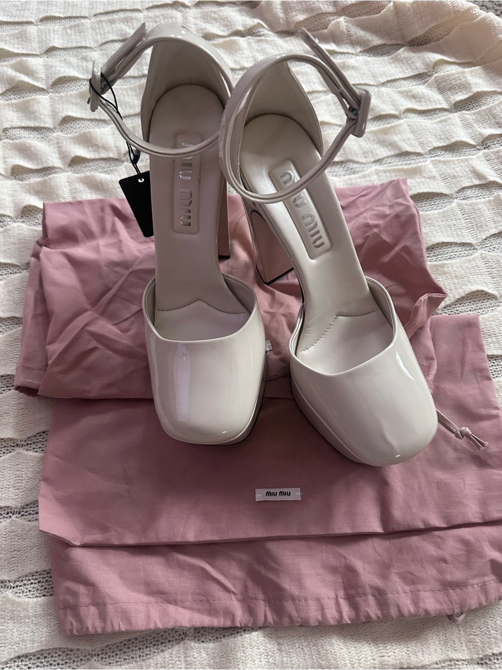 Miu Miu Glossy nude Square-Toe Ankle-Strap Pumps
